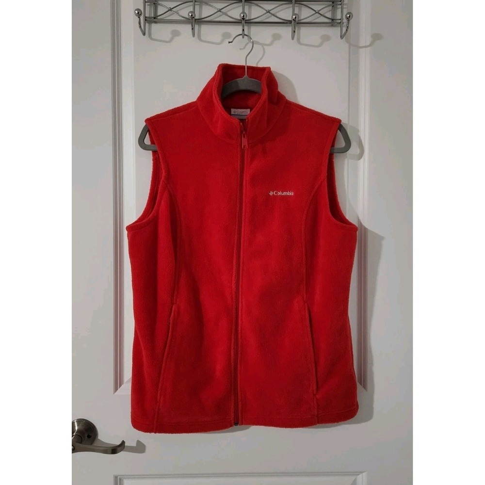Columbia Women's Fleece Vest‎ Full Zip Pockets Embroidered Logo Red Size L